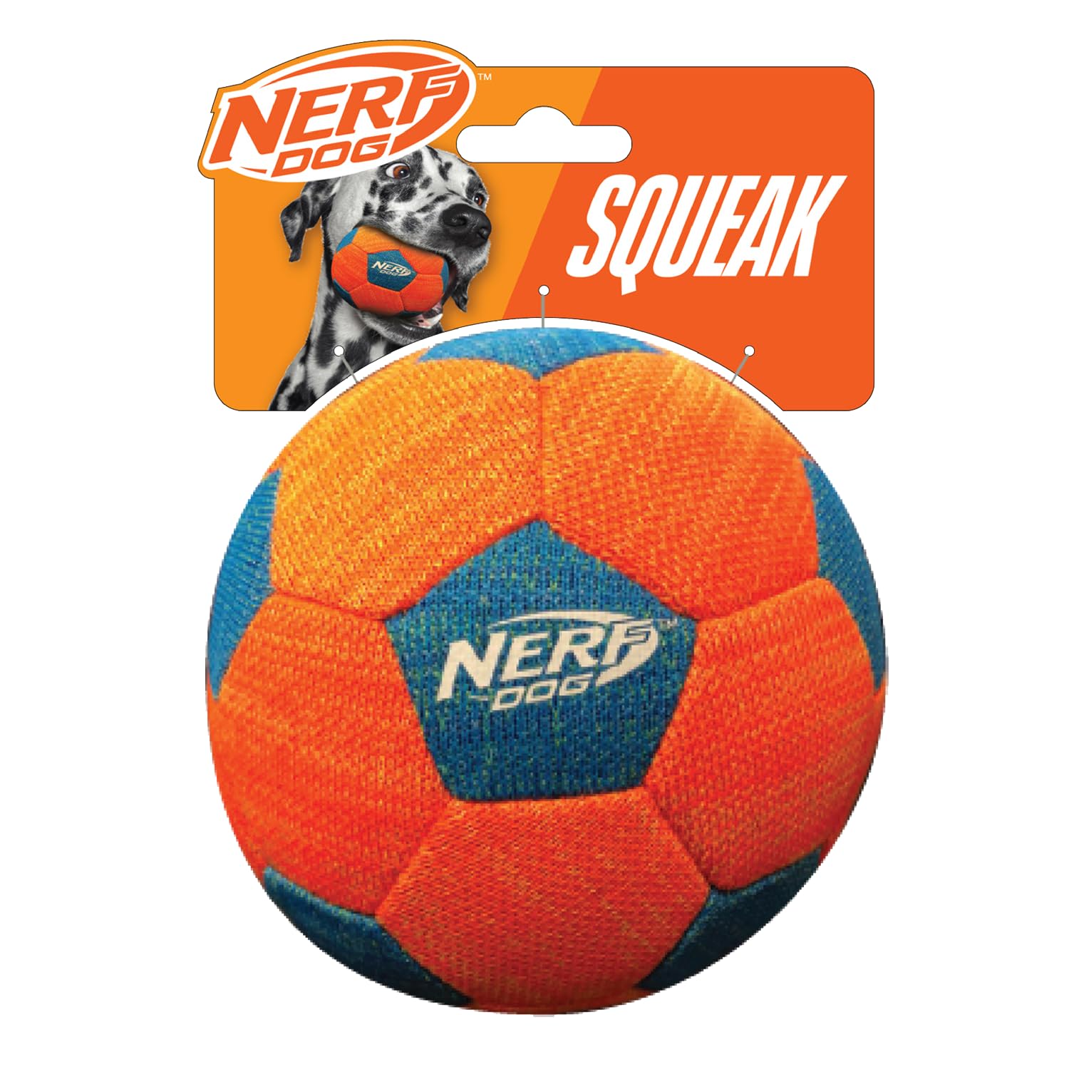 Nerf Dog X-Weave Soccer Squeak Ball 5in  Orange/Blue