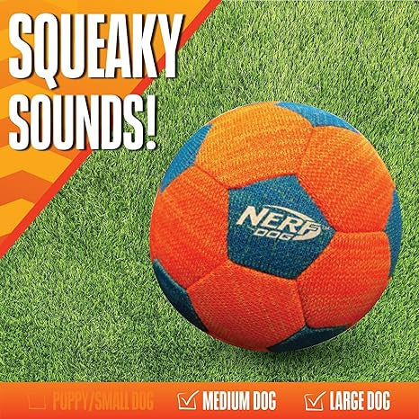 Nerf Dog X-Weave Soccer Squeak Ball 5in  Orange/Blue