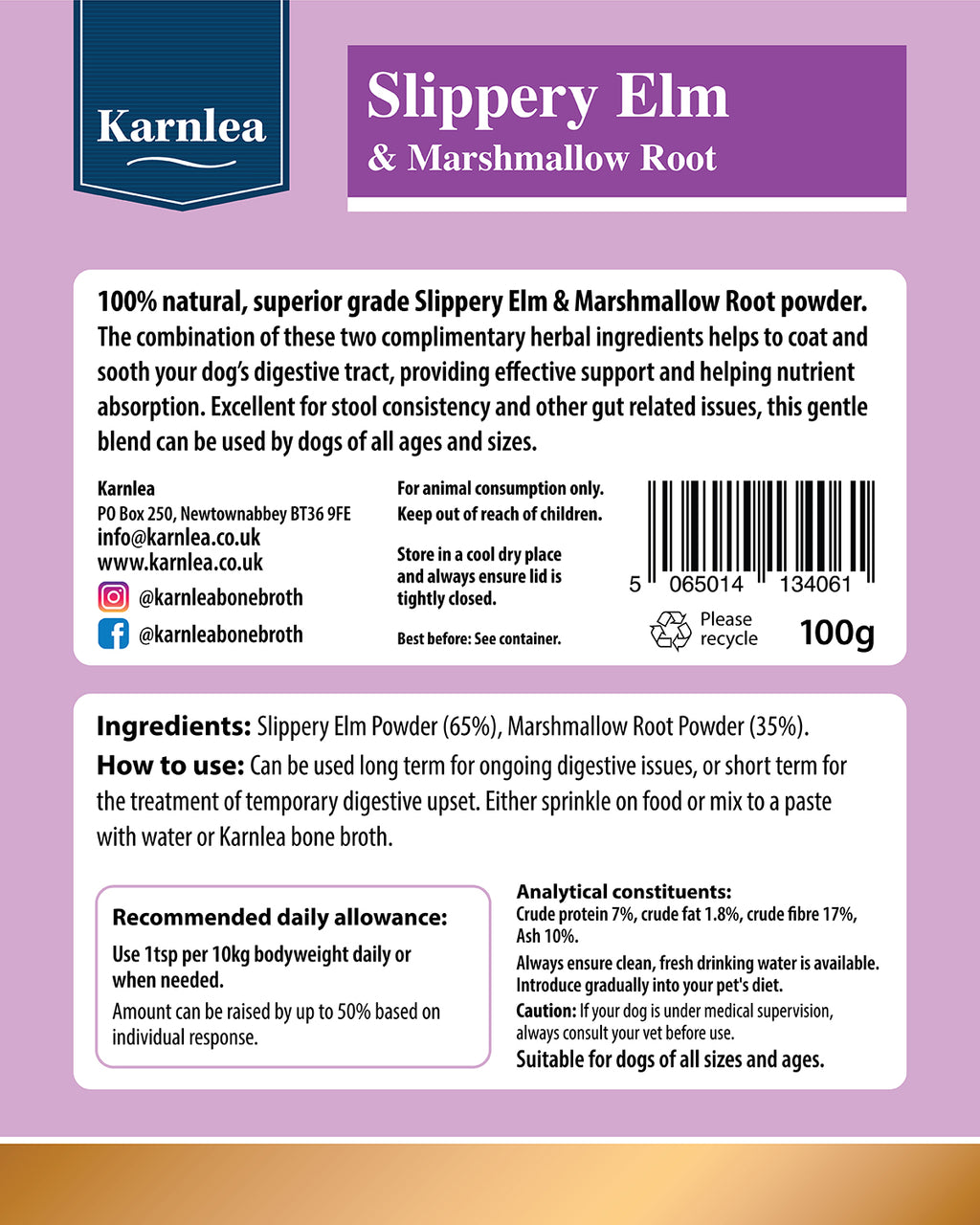 Karnlea Slippery Elm & Marshmallow Root Powder for Dogs and Cats 100g