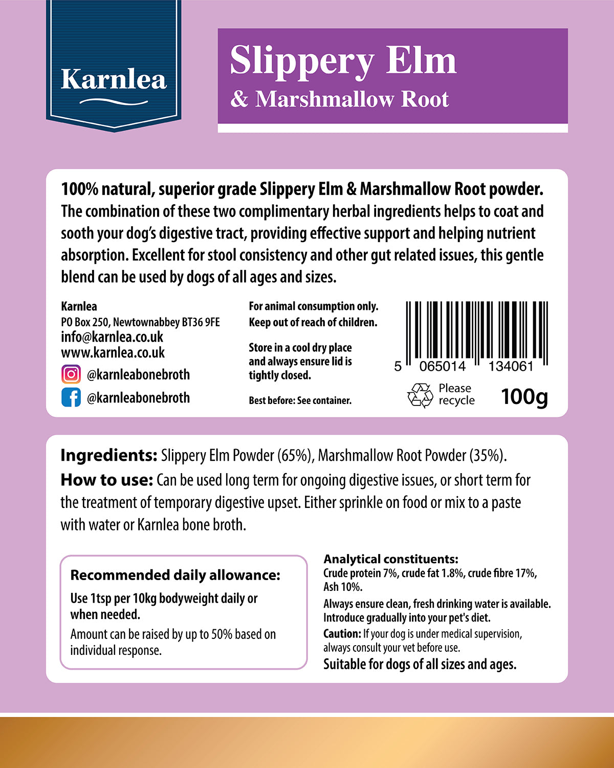 Karnlea Slippery Elm & Marshmallow Root Powder for Dogs and Cats 100g
