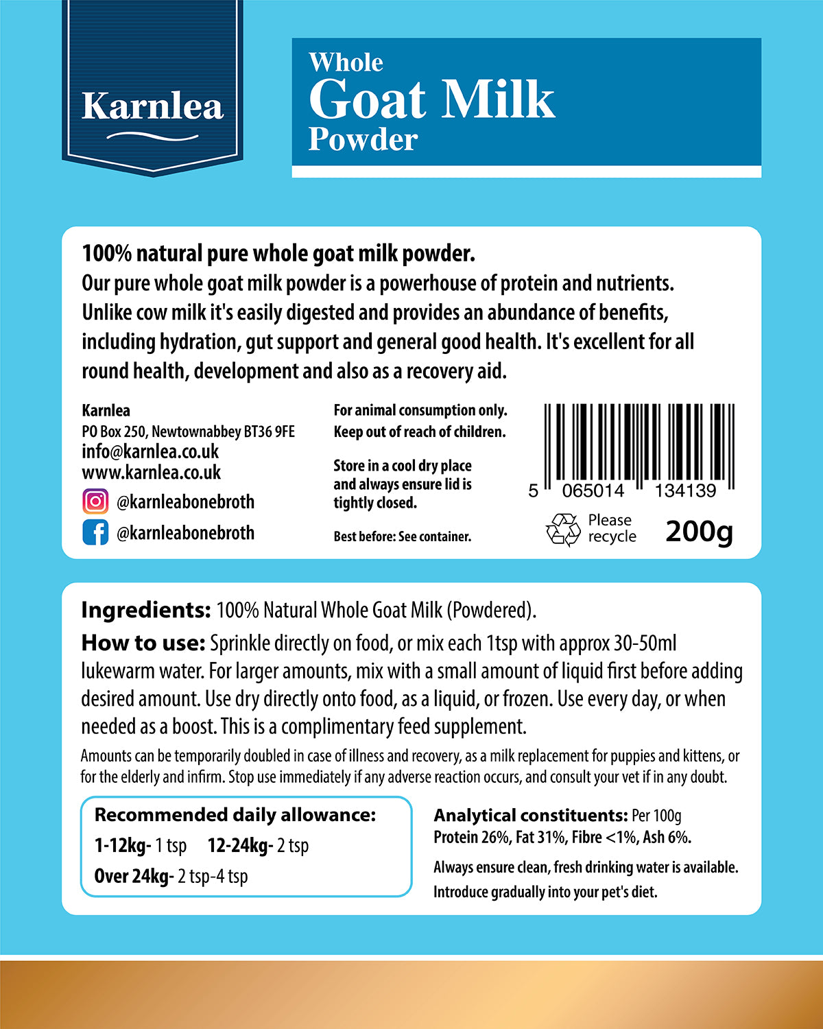 Karnlea Goat Milk Powder for Dogs and Cats 200g