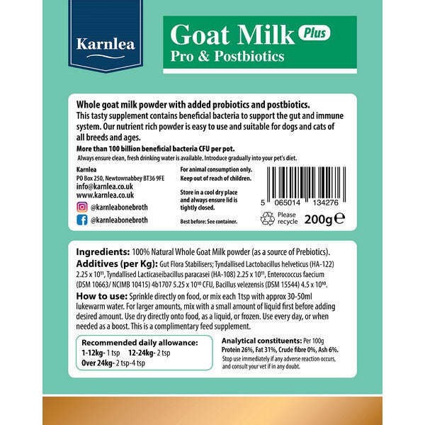 Karnlea Goat Milk Plus Pro & Postbiotics Powder for Dogs and Cats 200g
