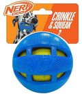 Nerf Dog TPR Checker Squeak and Crunch Ball 3.8in Blue/Green with Blue/Green Crunch Bag