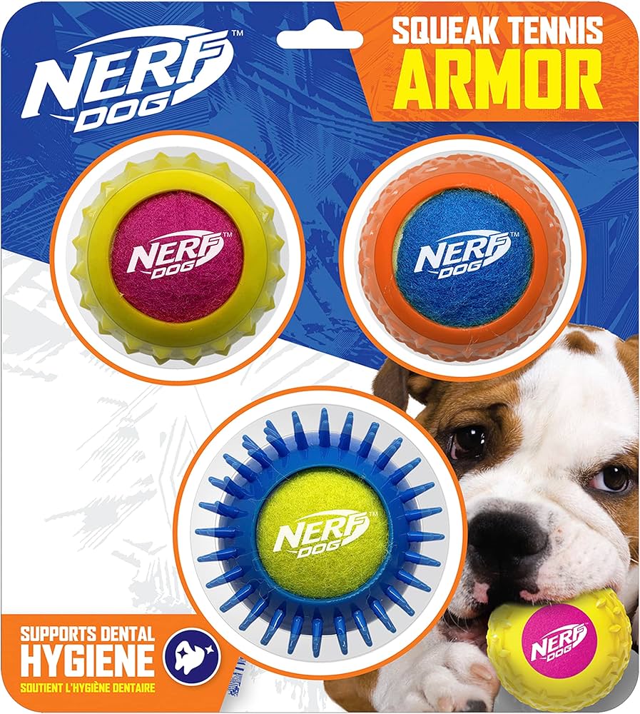 Nerf Dog Rubber Squeak Tennis Armor 2.5in 2pk Yellow/Pink and Blue/Green