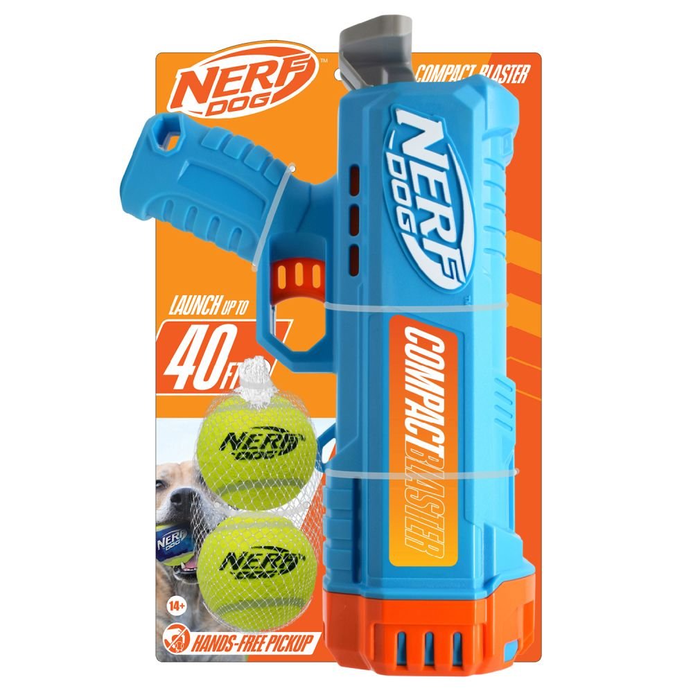 Nerf Dog Compact Blaster and 2.5in Non-Squeak Tennis Ball 12in 2pk Light Blue/Orange/Gray and Yellow