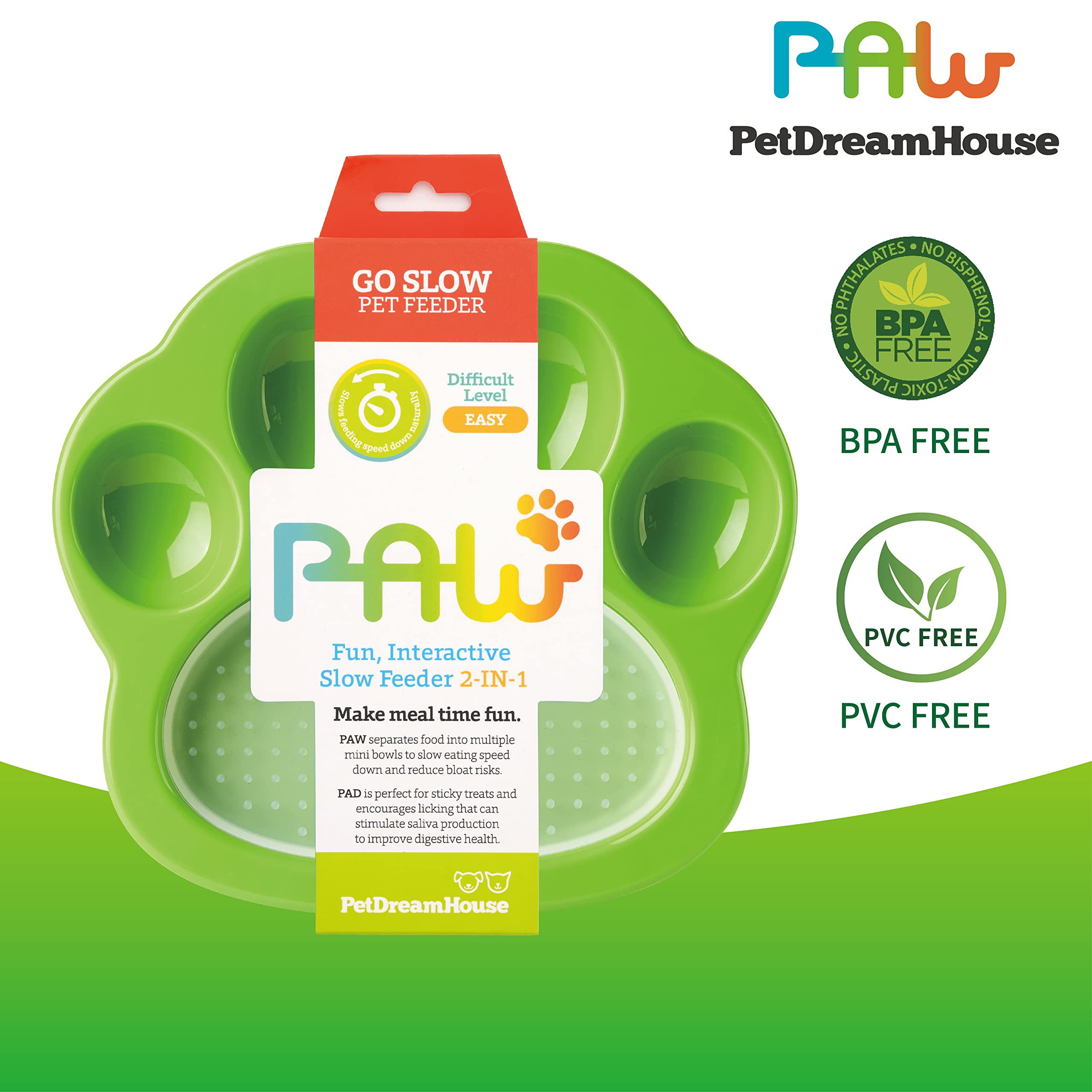 Pet Dream House Paw 2in1 Mini Slow Feeder & Lick Pad Green/ Orange