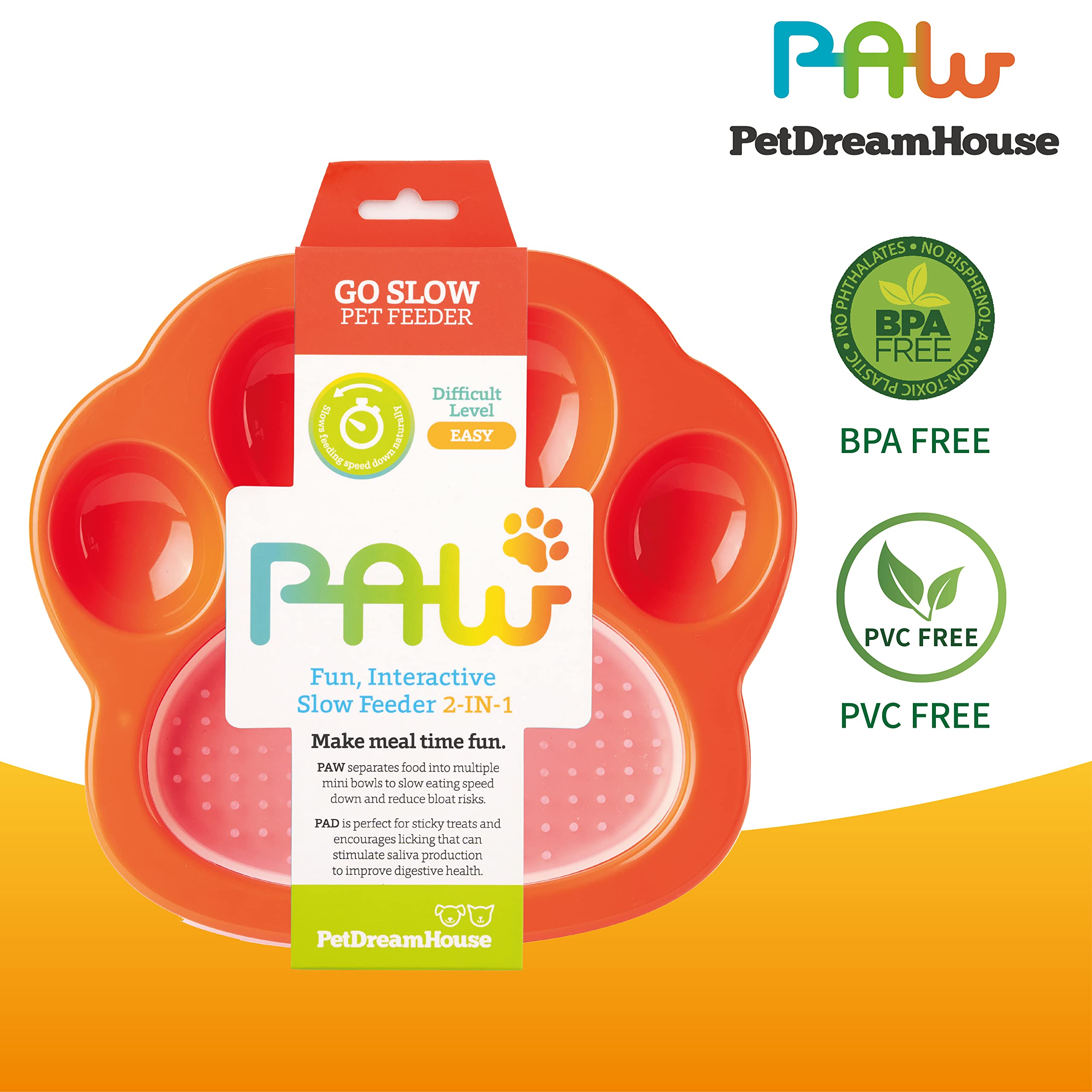 Pet Dream House Paw 2in1 Mini Slow Feeder & Lick Pad Green/ Orange