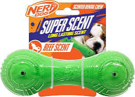 Nerf Dog Scented Beef Super Scent Barbell Solid Core 7in Green/Clear