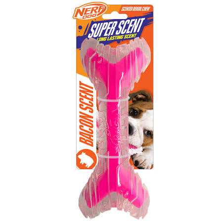 Nerf Dog Scented Bacon Super Scent Bone Solid Core 9in Clear/Pink