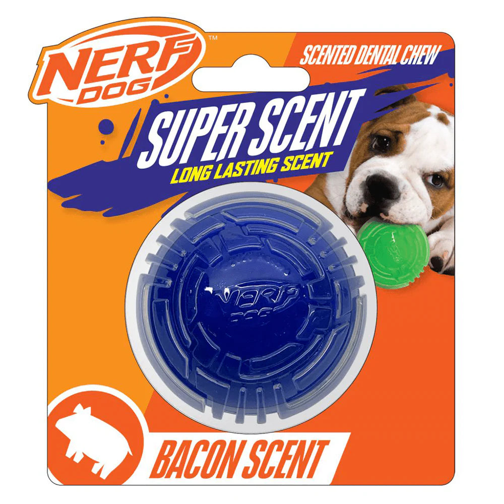 Nerf Dog Scented Bacon Super Scent Ball Solid Core 2.5in Clear/Blue