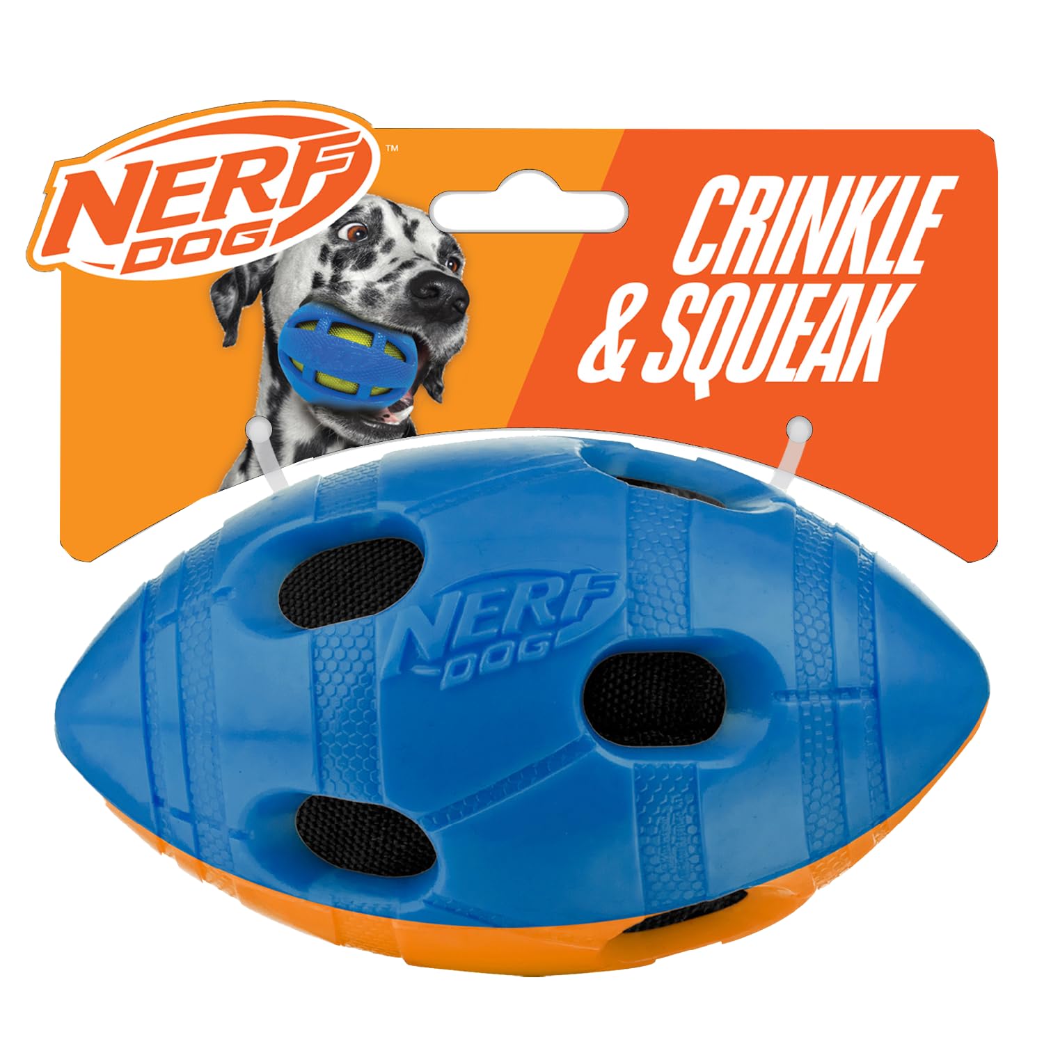 N012 Nerf Dog TPR Bash Squeak and Crunch Football 6in Blue/Orange