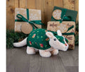 Ancol Arnold Armadillo plush dog toy with a cream head, feet and tail and a dark green Christmas-patterned shell, pictured in front of wrapped presents.