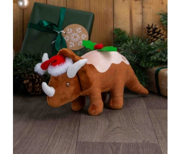 Ancol Dex the Dino Christmas Pudding dog toy: a brown plush horned dinosaur wearing a red hat, with a pudding-style icing and holly decoration on its back.