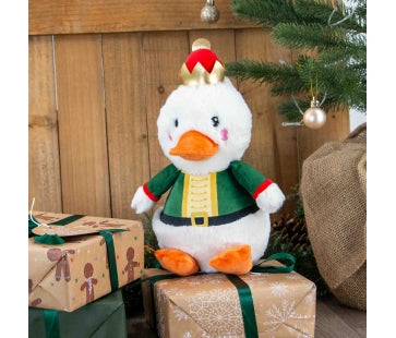 Ancol Nut Quacker white plush duck dog toy with an orange beak and feet, green nutcracker-style coat and small red-and-gold hat.