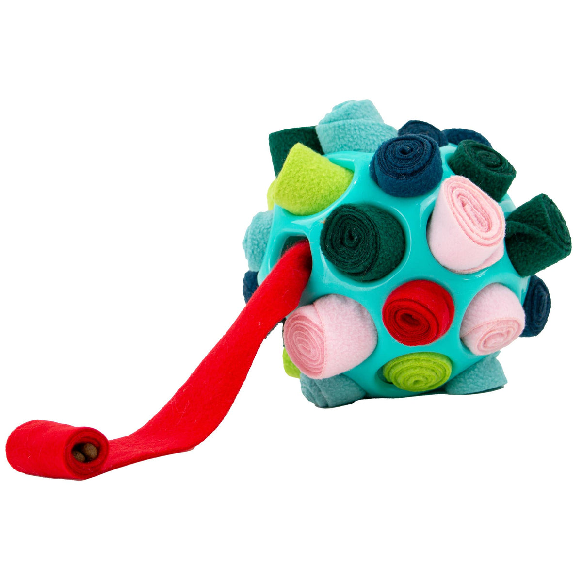 Ancol Örva Snuffle Ball with a turquoise open ball frame holding colourful rolled fabric strips, including a red strip unrolled to show treats.
