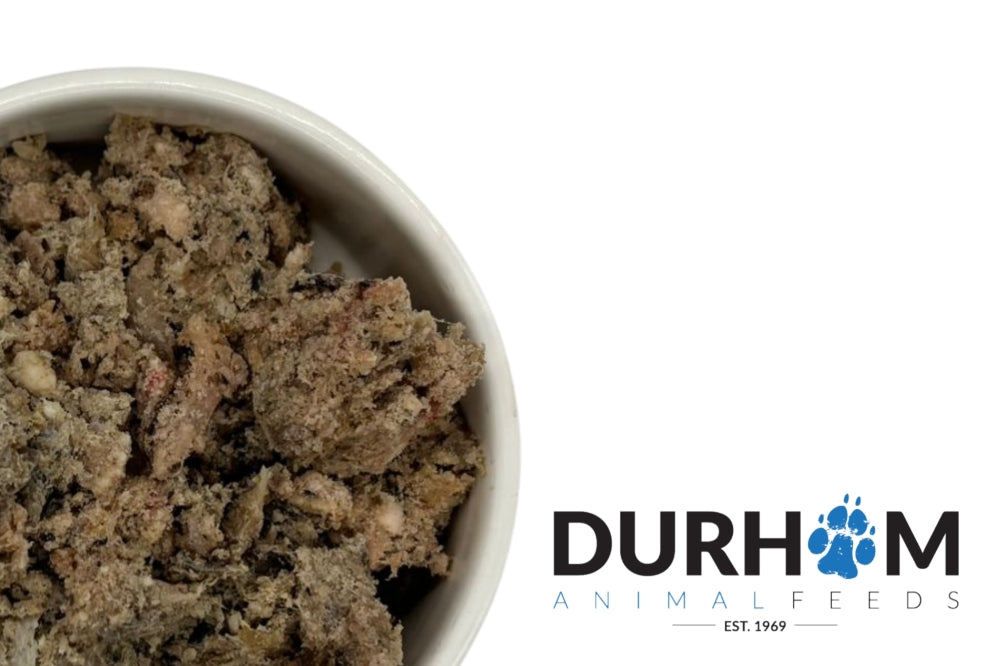 Durham Animal Feeds Tripe & Oily Fish Mince in a bowl beside the Durham Animal Feeds logo.