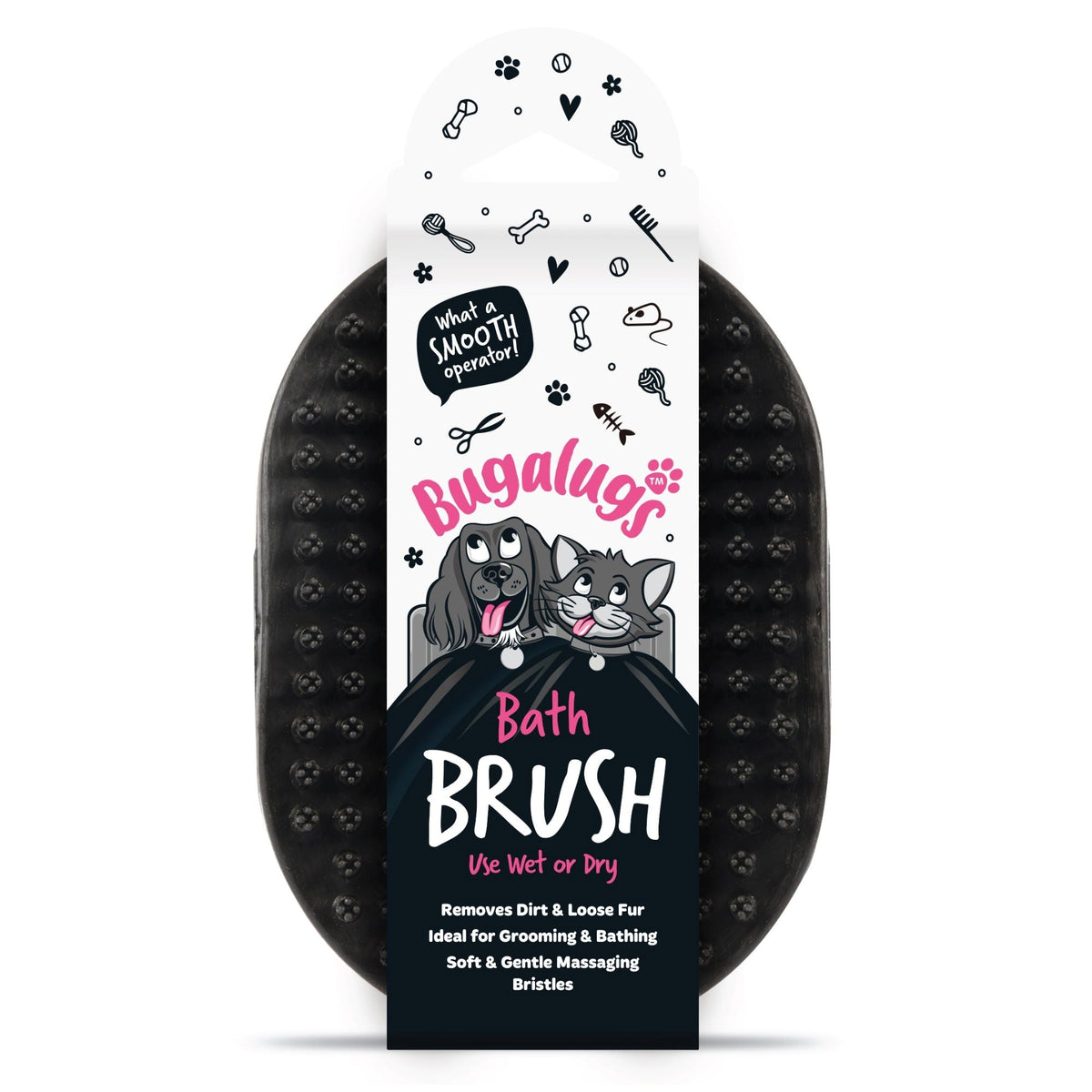 Black Bugalugs oval rubber bath brush with flexible bristles and a pink branded label.