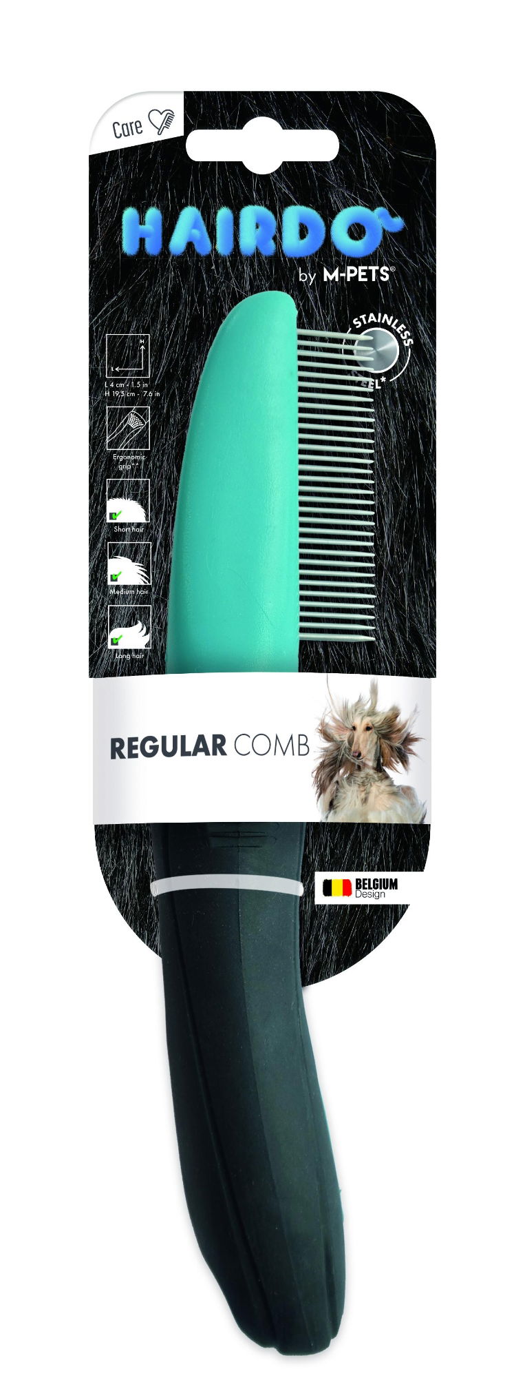 M-PETS Hairdo Regular Comb with metal teeth, green head and black handle in packaging.
