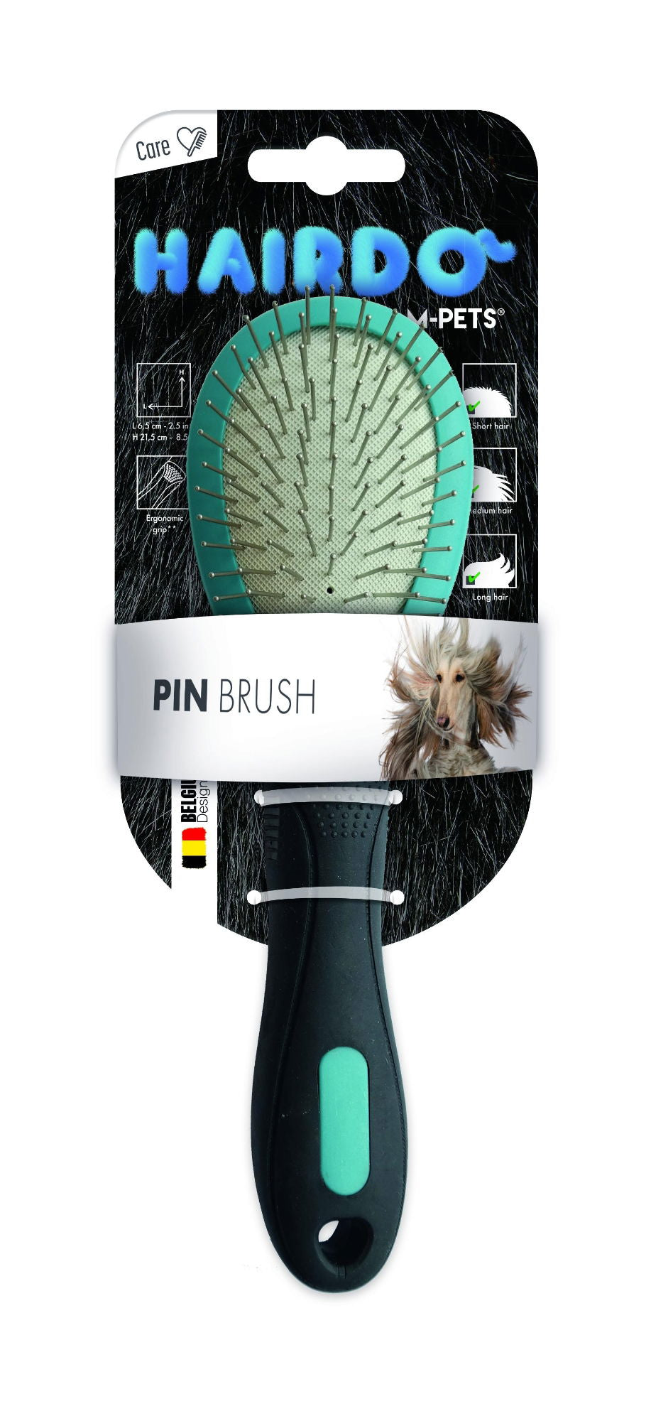 M-PETS Hairdo Pin Brush with a green oval head, rounded metal pins and black handle in packaging.